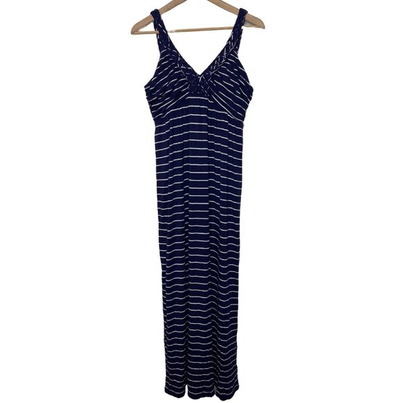 ๐ DESIGN HISTORY | Blue and White Striped Maxi Dress with Braided Neckline | L - Picture 3 of 10